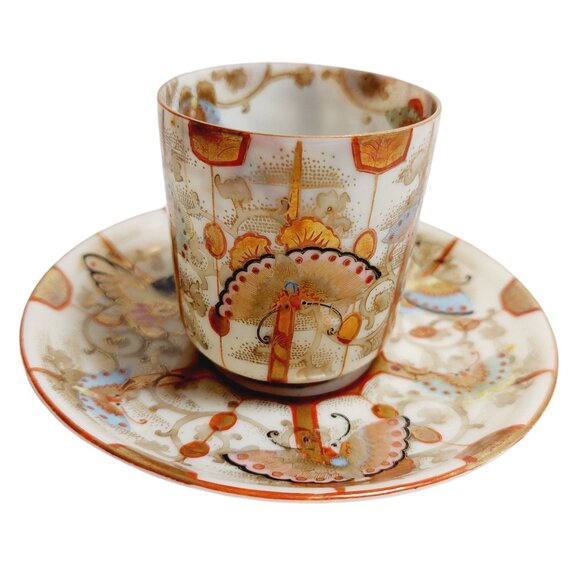 Vintage 1930s Butterfly Teacup & Saucer Set Japanese Eggshell Porcelain Miniatur - Picture 4 of 14